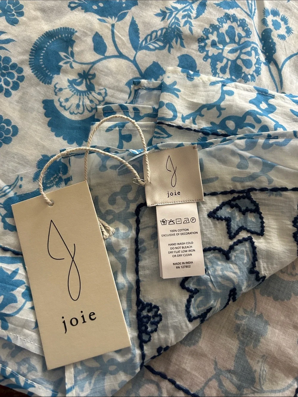 JOIE long 100% cotton Blue & White Floral Embroidered Scarf 40” X 72” , NWT